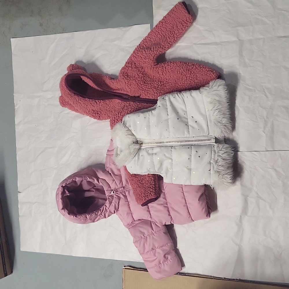 3 babygirl jacket activewear lot Pink max studio puffer vest 12M Okie Dokie top